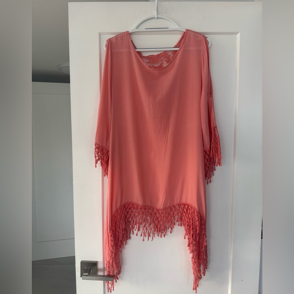 Made In Italy lightweight Coral/Salmon Fringe Tunic Cover Up Top. Open shoulder
